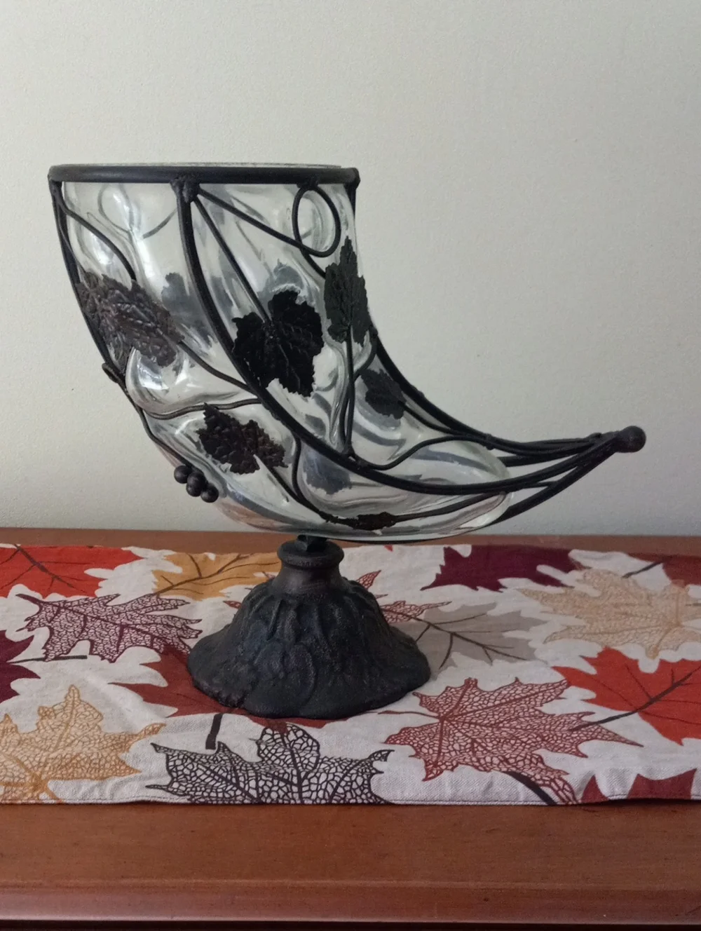 Caged Glass & Wrought Iron Cornucopia Horn of Plenty Fall Centerpiece Vase
